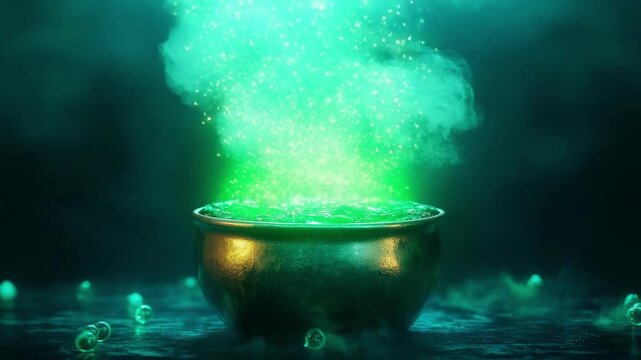 Glowing green liquid bubbling in a cauldron with magical smoke for Halloween. Mystical potion creation and spooky celebration concept. All Hallows Eve, Samhain