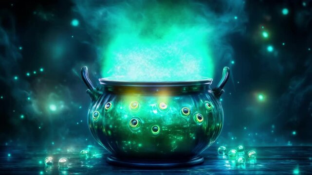 Green bubbling cauldron filled with glowing liquid and magical smoke. Halloween spooky potion concept for celebration and mystery. All Hallows Eve, Samhain