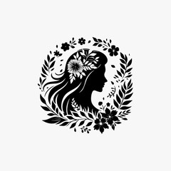 Naklejka premium Floral Silhouette Womans Profile with Blossoms and Foliage Wreath.