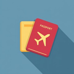 Red Passport and Yellow Boarding Pass with Airplane Icon