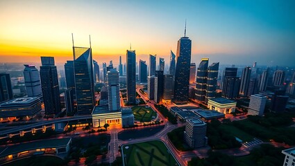 Obraz premium Aerial view of a modern cityscape with skyscrapers at dusk under a colorful sky with city lights on