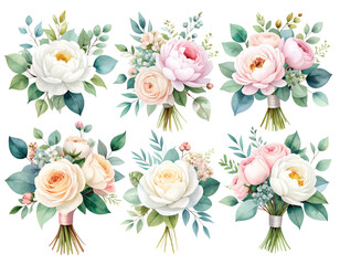  Watercolor White Rose and Peony Bouquets with Eucalyptus and Green Leaves, Soft Pastel Style, Transparent PNG