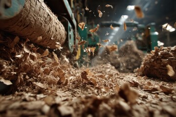 Obraz premium Woodworking process industrial workshop action shot sawdust environment ground view craftsmanship in motion