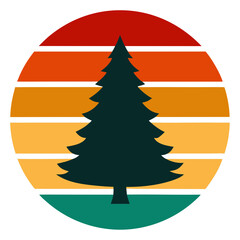 Fototapeta premium A Christmas tree silhouette on retro vintage striped sunset circle on white background