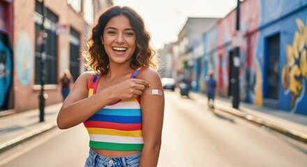 smiling hispanic woman with bandage on arm, showcasing vaccination, stands on colorful street. promoting health, national immunization awareness month. healthcare, public service announcement