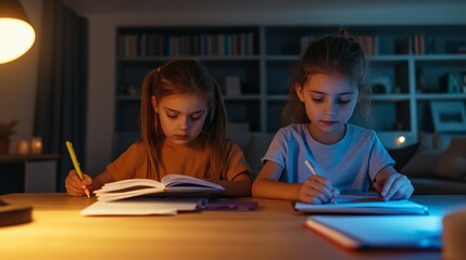Two young girls are diligently doing their homework at a wooden table in their living room at night, illuminated by a warm lamp light, creating a cozy and focused learning environment