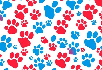 Seamless pattern of red and blue paw prints on white background,  vibrant,  wallpaper