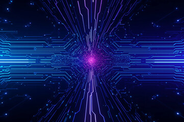 "Futuristic Neon Circuit Background in Blue and Purple Tones"