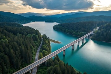 Elevated highway bridge over turquoise water surrounded by green forest lake