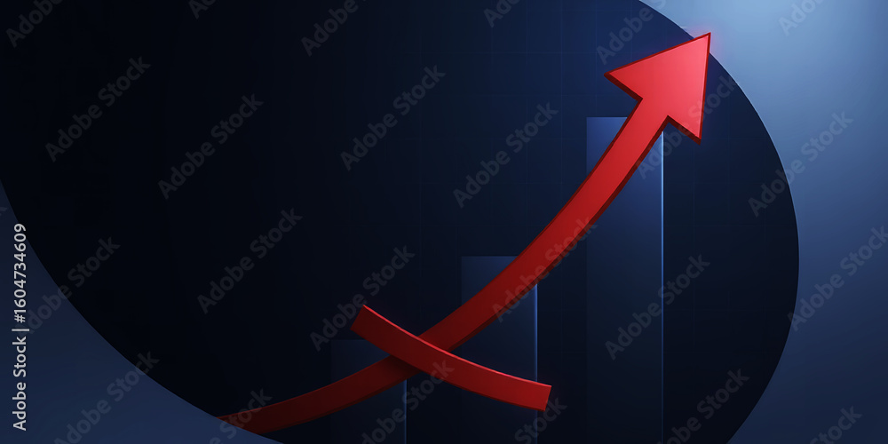 Poster a red arrow curves upward against a dark blue background with graph bars behind it