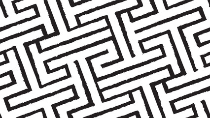 Black maze pattern on white background abstract graphic
