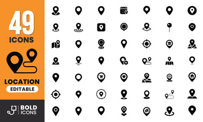 Bold Vector Location Icons with GPS Pin, Map, Navigation Symbols for Web and Mobile UI Design