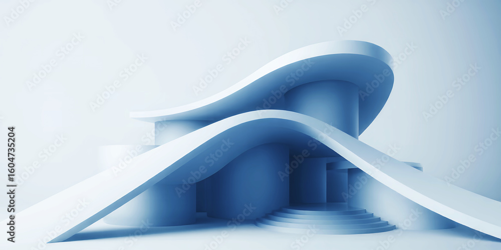 Poster a minimalist architectural model with curved lines and a monochromatic blue color scheme design