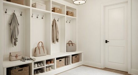 Organized mudroom entryway with custom built-in storage solutions and neutral color palette offers stylish home organization and decluttering, perfect for modern family living