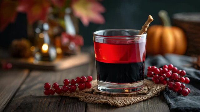 Spooky red and black Halloween cocktail with pretzel bone and ice on a coaster for your October party drink. All Hallows Eve, Samhain