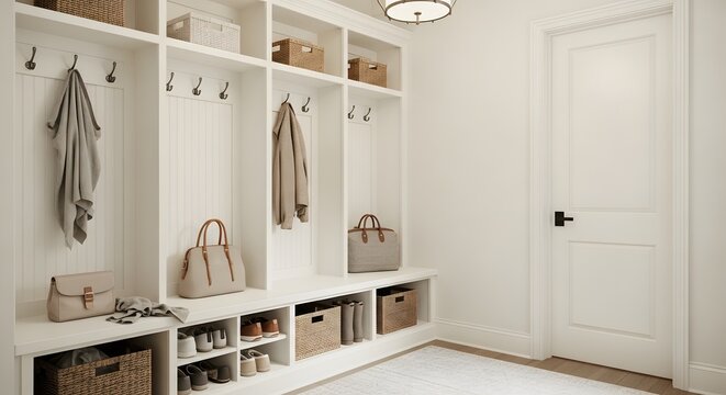 Organized mudroom entryway with custom built-in storage solutions and neutral color palette offers stylish home organization and decluttering, perfect for modern family living