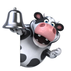 an animated character of a cow with a cartoonish facial expression and human like hands. it's wearing a bell around its neck, indicating that it might be used to warn people of something