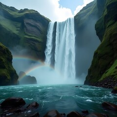 A stunning, photorealistic low-angle shot from the rocky edge of an emerald-green plunge pool, looking up at a colossal, multi-tiered waterfall.