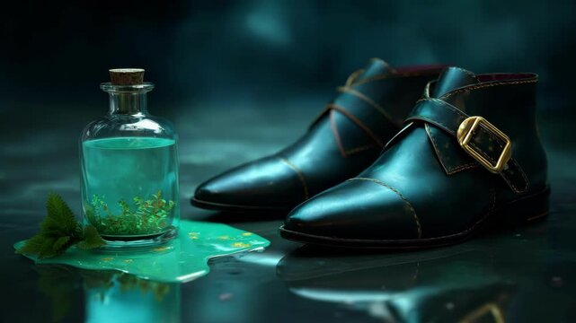 A green potion bottle with spilled liquid next to black boots symbolizes a mysterious and magical aura for Halloween. All Hallows Eve, Samhain