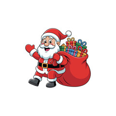Cartoon Santa Claus waving with a sack full of colorful gifts Christmas holiday 1