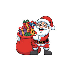Obraz premium Cartoon Santa Claus holding a red sack full of colorful wrapped gifts Christmas presents