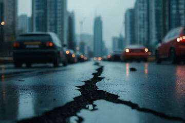 Urban fracture: Ground crack bisects a city street with cars, hinting at seismic activity or structural failure amid a backdrop of towering buildings.