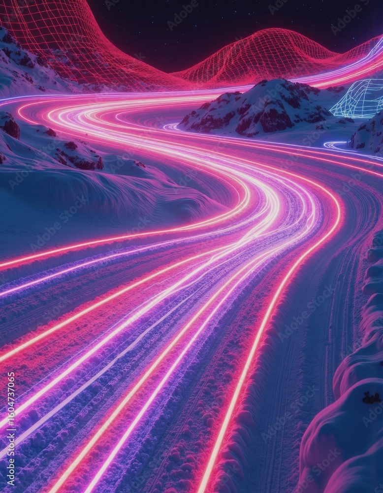 Poster abstract skiing trails with flowing path lines in vibrant neon colors