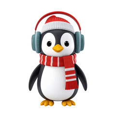 Fototapeta premium an animated penguin character wearing a pair of headphones, a scarf, and a red hat with a pompom. it is set against a plain background. the penguin is posing as if it were listening to music