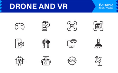 Drone and Virtual Reality Icons – Modern Professional Line Icon Set Featuring Minimal Vector Design for Technology and Innovation Themes