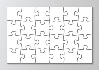Jigsaw pieces grid with 24 details. Cutting template. Modern background with puzzle shapes. Mosaic silhouette. Scheme of thinking game. Simple frame tiles. Vector illustration