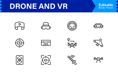 Drone and Virtual Reality Icons – Modern Professional Line Icon Set Featuring Minimal Vector Design for Technology and Innovation Themes