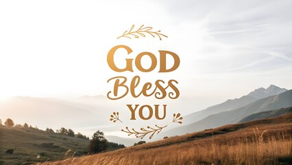 God Bless You Message in Elegant Script Over Majestic Mountain Scenery with Misty Clouds – Inspirational Art for Encouragement and Spiritual Blessings
