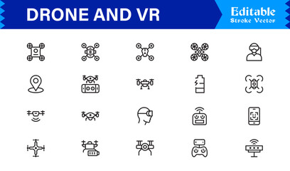 Drone and Virtual Reality Icons – Modern Professional Line Icon Set Featuring Minimal Vector Design for Technology and Innovation Themes