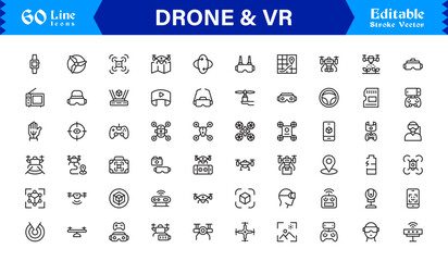 Drone and Virtual Reality Icons &ndash; Modern Professional Line Icon Set Featuring Minimal Vector Design for Technology and Innovation Themes