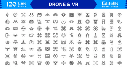 Drone and Virtual Reality Icons – Modern Professional Line Icon Set Featuring Minimal Vector Design for Technology and Innovation Themes