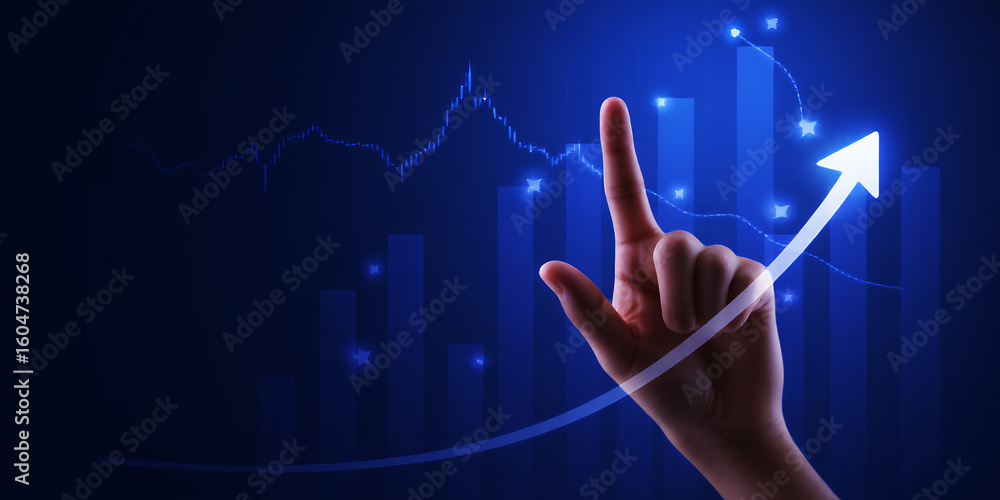Poster a hand pointing to an upward trending arrow with a graph in a blue digital background