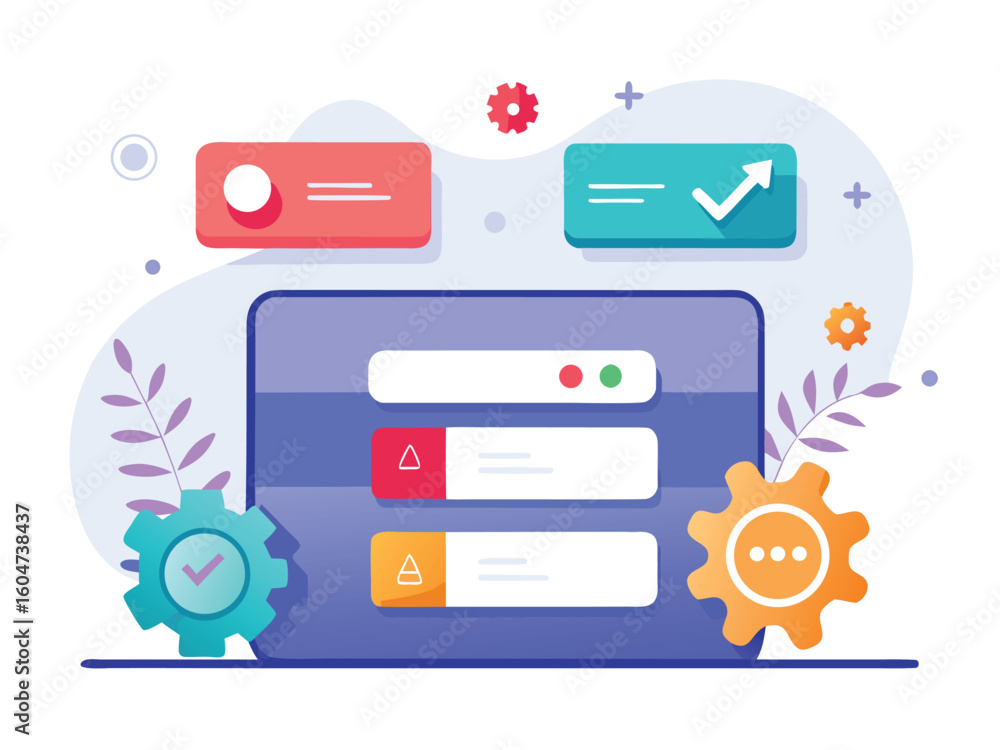 Poster flat ui subscription management system with gears and checkmarks progress
