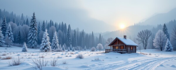 Fototapeta premium Snowy Winter Landscape with Cabin Among Frosty Trees and Soft Sunrise Light