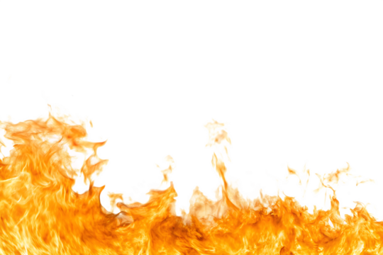 Vibrant orange and yellow fire flames isolated on a transparent background burning