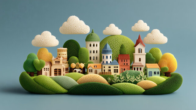 Ilustraci&oacute;n 3D de un pueblo colorido en paisaje rural con colinas