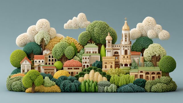 Ilustraci&oacute;n 3D de un pueblo colorido en paisaje rural con colinas