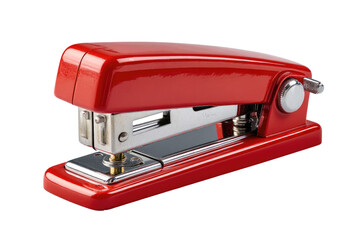 Red stapler on gray background