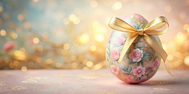A delicately painted Easter egg, adorned with a golden ribbon, rests on a subtly textured surface, bathed in a soft, shimmering light.