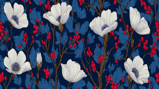 Patr&oacute;n floral con flores blancas y ramas sobre fondo azul oscuro