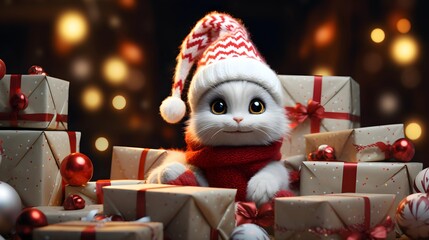 A cute kitten in a Santa hat surrounded by Christmas gifts, perfect for the holidays.