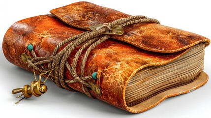 Aged leather-bound book tied with rope.