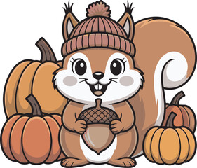 Naklejka premium Cute Squirrel with Acorn and Pumpkins on Transparent Background Vector Illustration