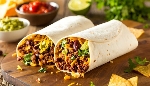 Beef and bean burritos with toppings