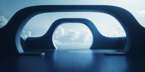 Fototapeta premium Abstract architecture with arches framing a cloudy sky and water reflection in blue tones