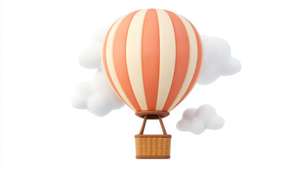 Naklejka premium Striped hot air balloon with a retro basket rising, clay-style illustration on a white background. Symbolizing aerostat flight for ballooning festivals and skyward journeys through the clouds.